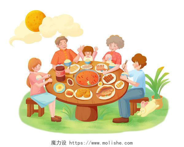 中秋开心一家人中秋卡通人物赏月吃饭png素材中秋节
